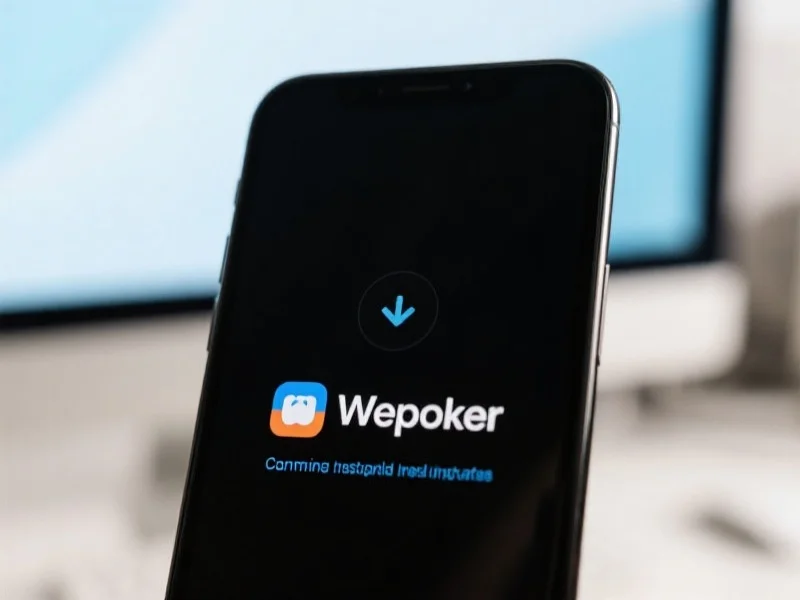 一部智能手机的屏幕上显示正在安装Wepoker应用，背景为明亮的桌面环境